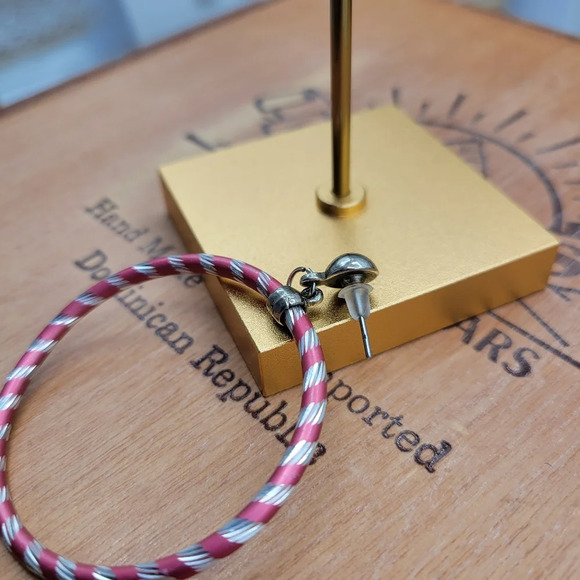 Hula Hoop Metal Earrings / Candy Cane Stripes / Pink & Silver / Pierced - Picture 4 of 4